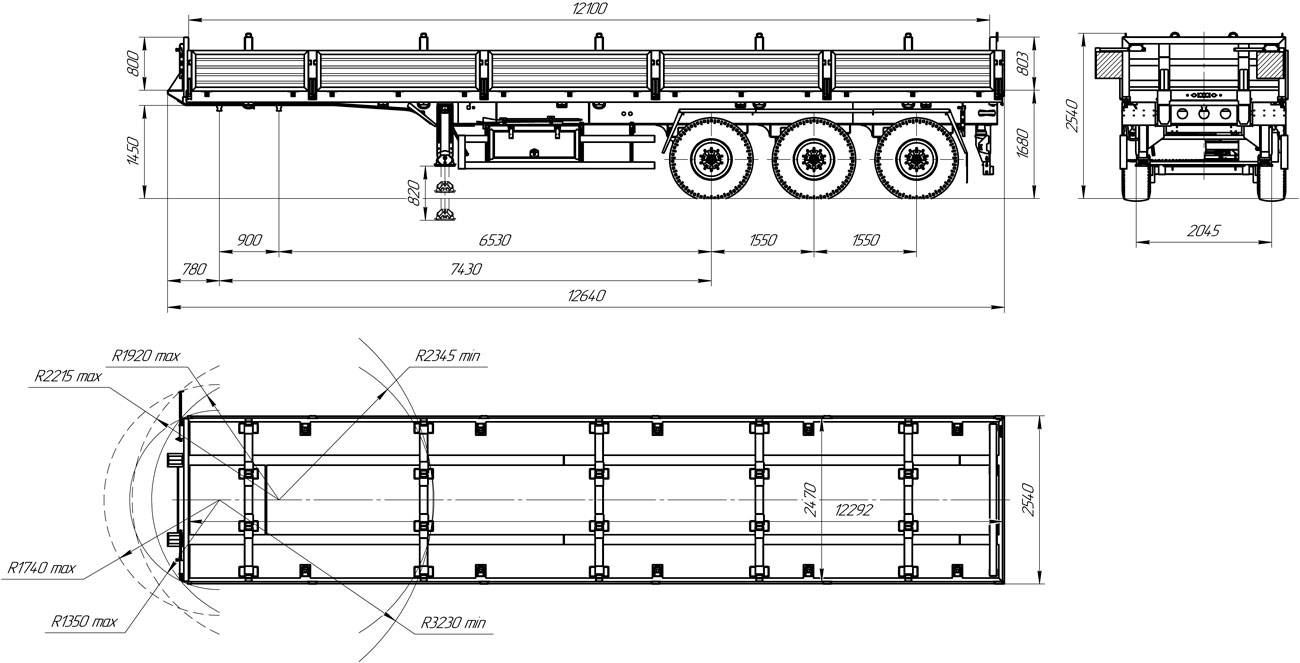 Габаритный чертеж для Полуприцеп-штанговоз 9178-020Б3 (33 т.)