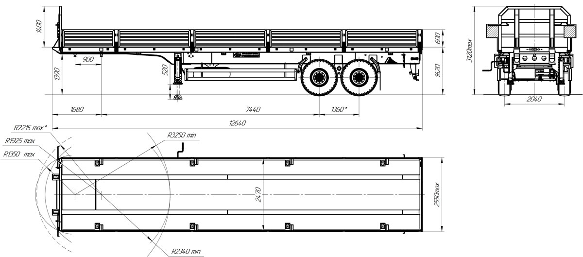 Габаритный чертеж для Бортовой полуприцеп ППБ-9180А-018Б2-75 (20 т.)