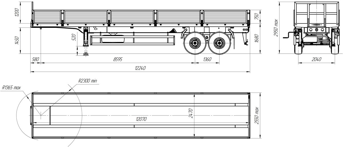 Габаритный чертеж для Бортовой полуприцеп ППБ-9180-019Б2-20 (18,9 т.)