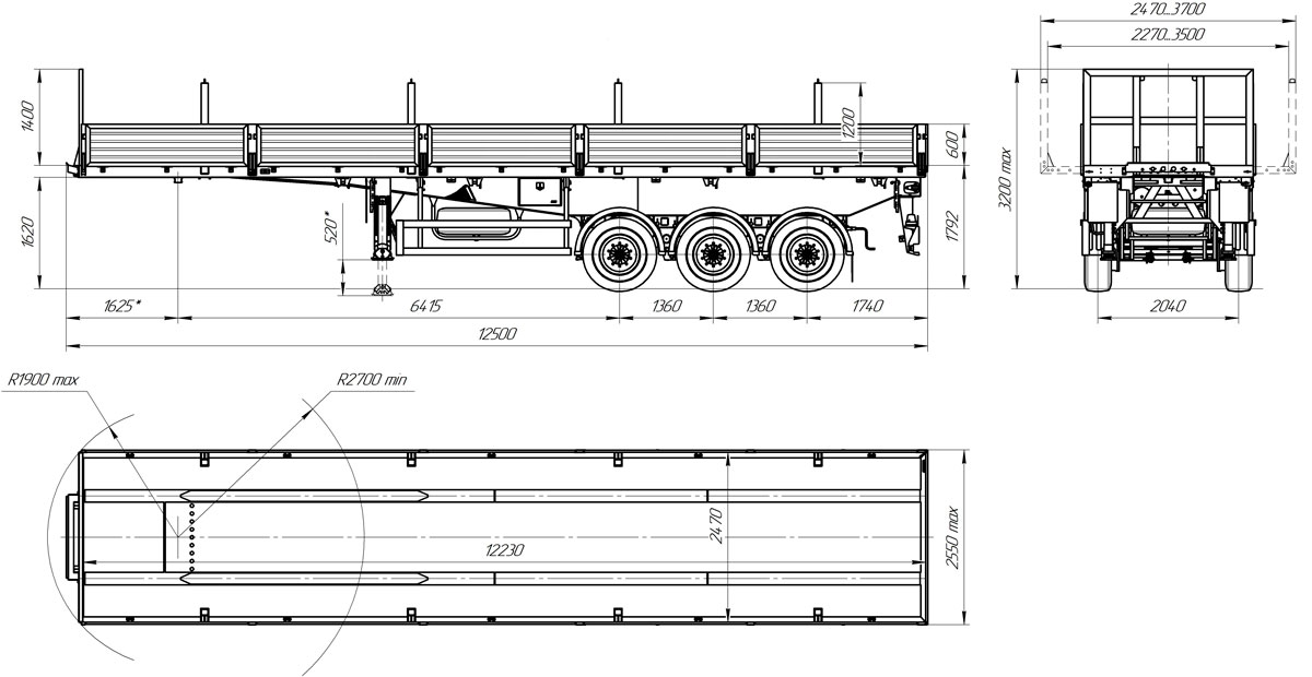 Габаритный чертеж для Бортовой полуприцеп ППБ-9178-033Б3-10 (34 т.)