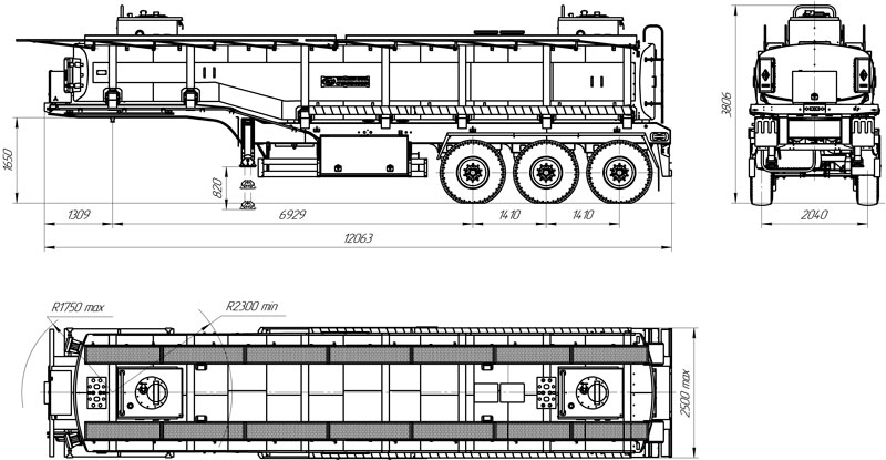 Габаритный чертеж для Полуприцеп-цистерна ППЦ-30 (009) для ГСМ (3-осный, переменное сечение)