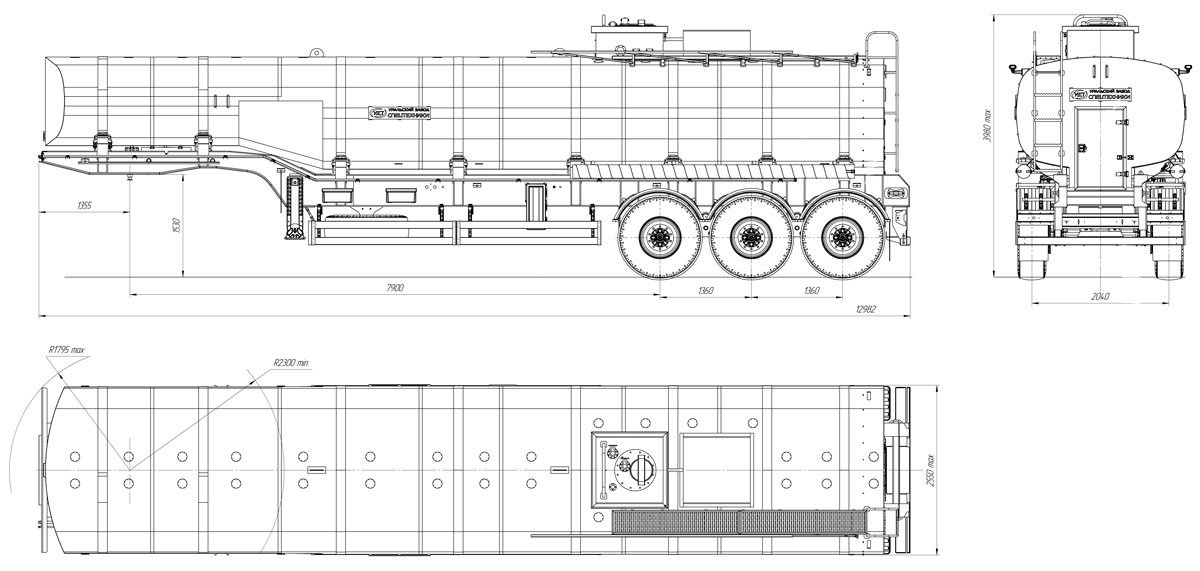 Габаритный чертеж для Полуприцеп-цистерна ППЦ-30 (001) для ГСМ (3-осный, переменное сечение)