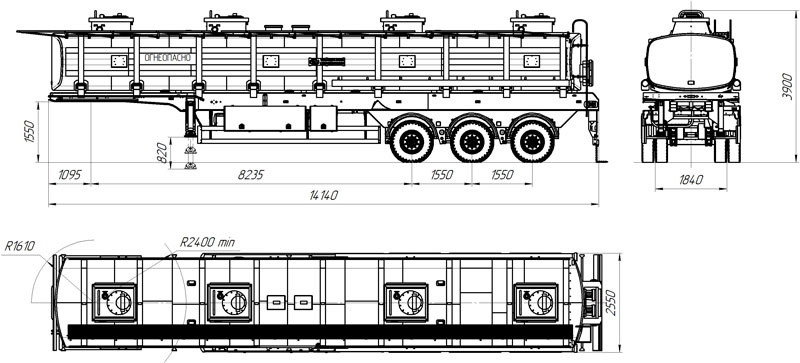 Габаритный чертеж для Полуприцеп-цистерна ППЦ-40 (001) для ГСМ (3-осный, прямое сечение)