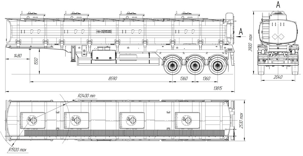 Габаритный чертеж для Полуприцеп-цистерна ППЦ-40 (003) для ГСМ (3-осный, прямое сечение)