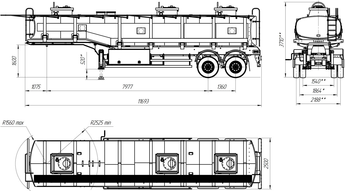 Габаритный чертеж для Полуприцеп-цистерна ППЦ-30 (002) для ГСМ (2-осный, переменное сечение)