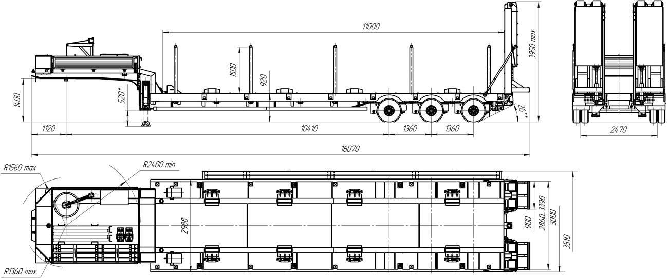 Габаритный чертеж для Полуприцеп тяжеловоз низкорамный ППТ-9177-001Н3 (45 т.)