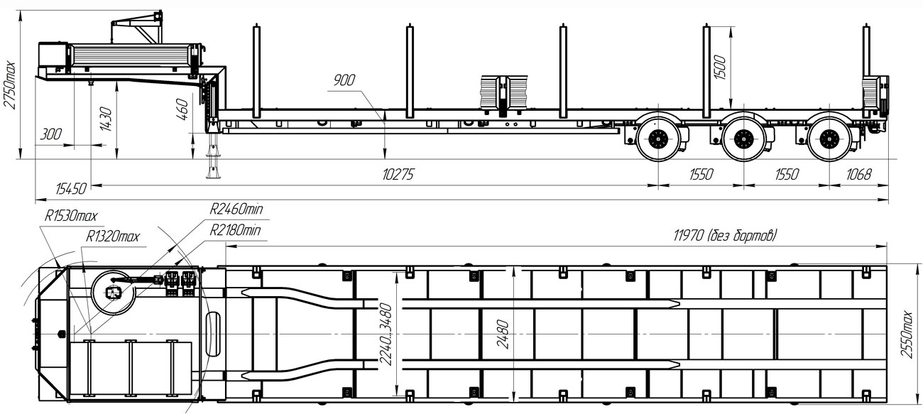Габаритный чертеж для Полуприцеп тяжеловоз низкорамный ППТ-9177-002Н3 (35,5 т.)