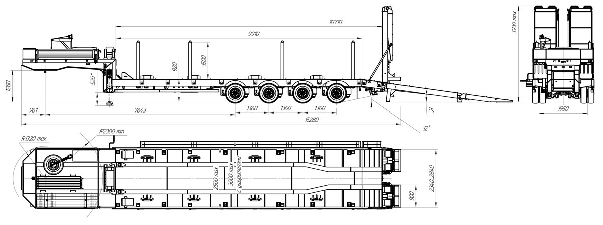 Габаритный чертеж для Полуприцеп тяжеловоз низкорамный ППТ-9176-003Н4 (51 т.)