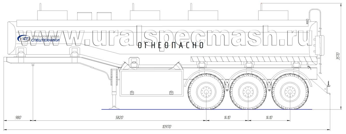 Габаритный чертеж для Полуприцеп-цистерна ППЦ-28 для ГСМ (3-осный, переменное сечение чемоданной формы)