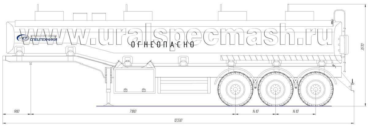 Габаритный чертеж для Полуприцеп-цистерна ППЦ-32 для ГСМ (3-осный, переменное сечение)