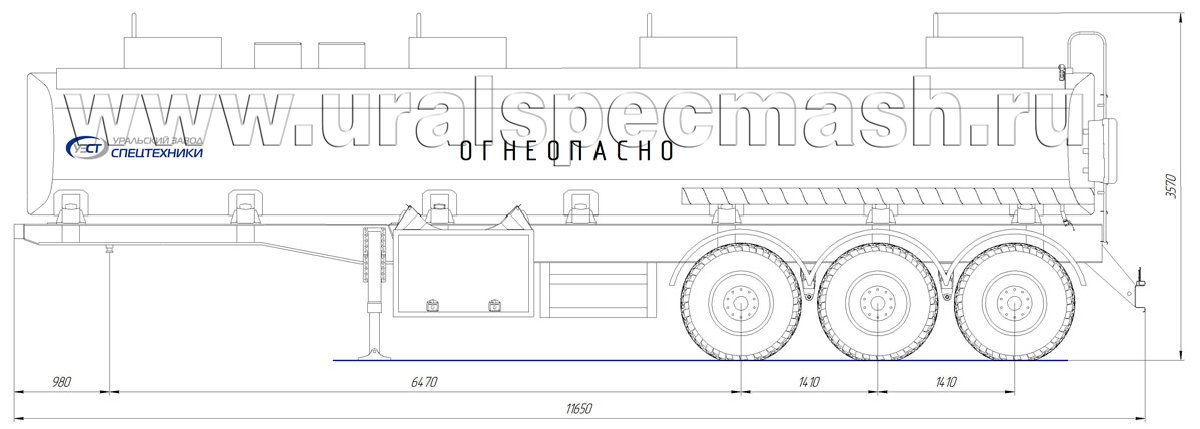 Габаритный чертеж для Полуприцеп-цистерна ППЦ-32 для ГСМ (3-осный, прямое сечение)