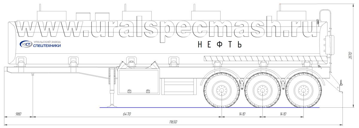 Габаритный чертеж для Полуприцеп-цистерна ППЦН-32 для нефти (3-осный, прямое сечение)