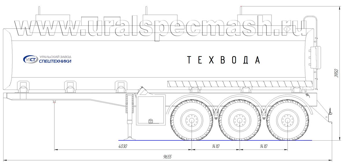Габаритный чертеж для Полуприцеп-цистерна ППЦТ-34 для техводы (3-осный, прямое сечение)
