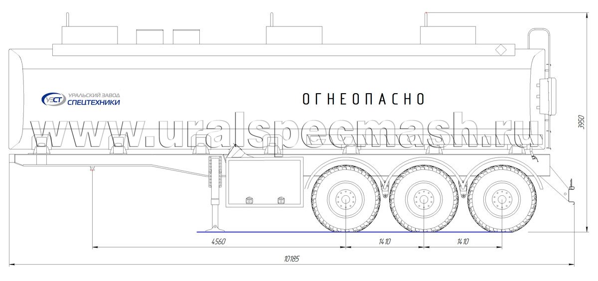 Габаритный чертеж для Полуприцеп-цистерна ППЦ-36 для ГСМ (3-осный, прямое сечение)