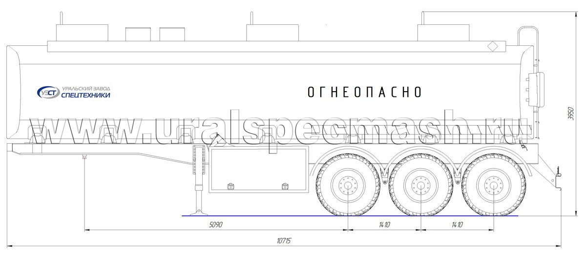 Габаритный чертеж для Полуприцеп-цистерна ППЦ-38 для ГСМ (3-осный, прямое сечение)