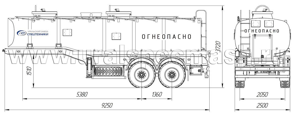Габаритный чертеж для Полуприцеп-цистерна ППЦН-20 (12) для нефти (2-осный, переменное сечение)
